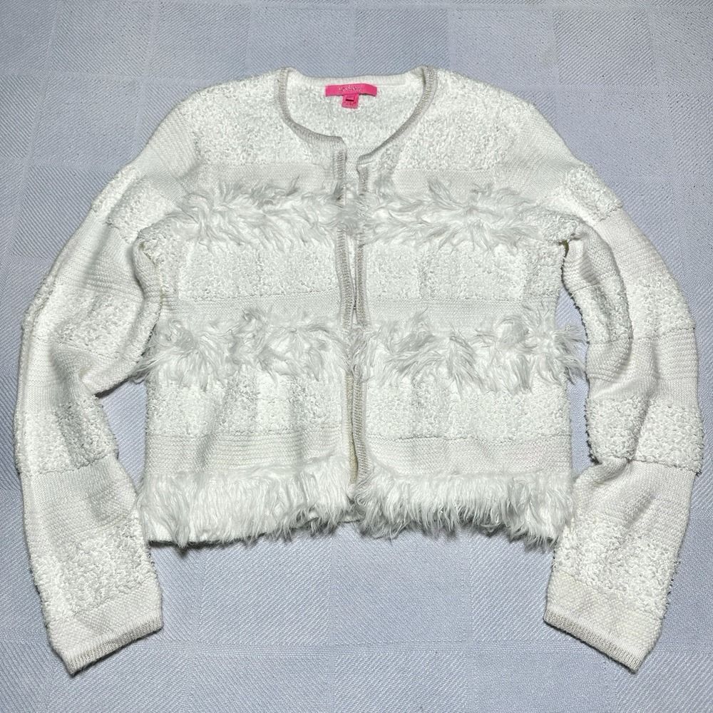 Lilly Pulitzer Pelham Cardigan Womens Large Creme Fuzzy Eyelash Knit Striped